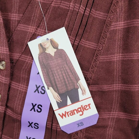 NEW Wrangler Womens XS Plaid V-Neck Button-Front Sleeves Burgundy Lightweight - Picture 8 of 9